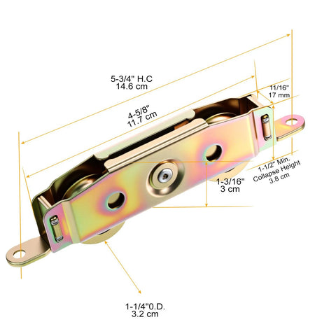 Heavy-Duty Sliding Glass Door Rollers Kit With Ball Bearings For Smooth Movement Zinc Plated Iron Patio Rollers Replacement Universal Fit For Wood Vinyl Aluminum Frames Includes 1-1/4 Inch Steel Wheels 2 Pack close-up view with measurements