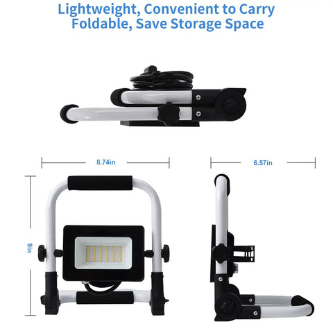 3000 Lumen LED Work Light With Adjustable Stand And Switch, compact foldable design with measurement dimensions