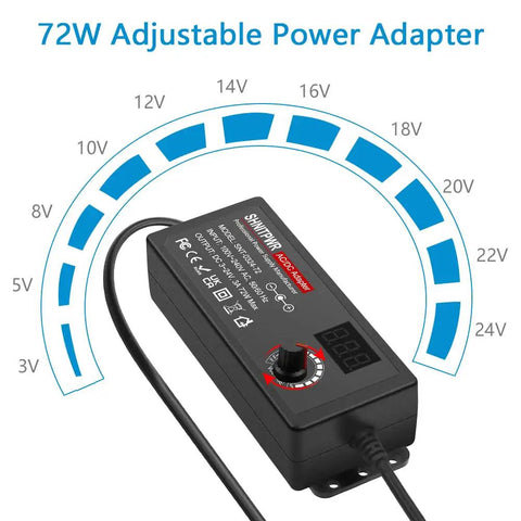 Universal Adjustable DC Power Supply 3V-24V, 3A 72W, showing voltage dial and LCD display for electronics use