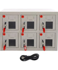 Heavy Duty Steel Cell Phone Locker With Integrated Charging Station And Secure Keys Built Like A Tank, 6-door cabinet for secure mobile storage.