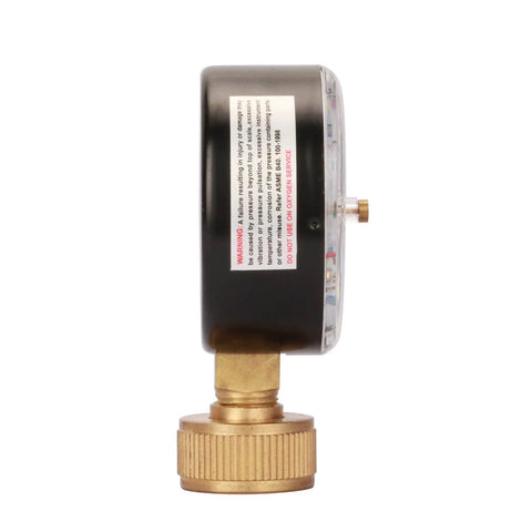 MEASUREMAN 2-1/2-inch water pressure test gauge with 3/4-inch female hose thread and brass fitting, side view