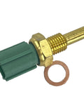 Engine coolant temperature sensor with green connector, brass threaded body and copper washer.