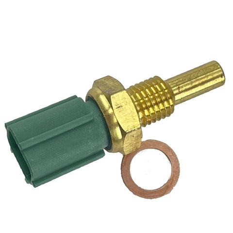 Engine coolant temperature sensor with green connector, brass threaded body and copper washer.