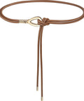 Women Knotted Skinny PU Leather Waist Belt With Gold Alloy Buckle Adjustable Double Rope Design, light brown color, 28 to 40 inch fit.