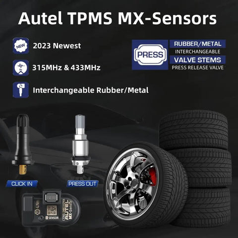 2in1 MX Sensor Dual Frequency Tire Pressure Sensor 315MHz 433MHz For TPMS Replacement With Original ID Cloning Easy Direct Swap No Relearn Snap In Works With MaxiTPMS Tools, rubber/metal valves