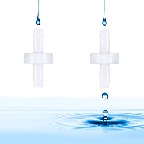 Two white PVDF inline check valves, 6 mm (1/4 in) plastic one-way valves