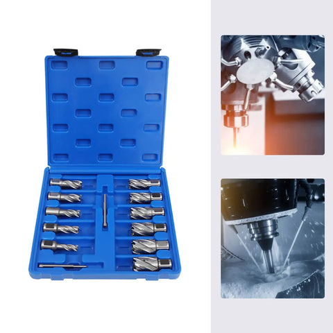 All Purpose Rugged 13 Pc Hss Annular Cutter Set 1 Inch Cut Depth Mag Drill Bits Kit For Magnetic Drill Press in blue case.