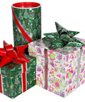 Three wrapped gifts with festive patterns and bows, including stripes and holiday-themed designs, in green and red colors.