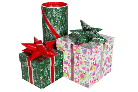 Three wrapped gifts with festive patterns and bows, including stripes and holiday-themed designs, in green and red colors.
