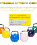 Various colored kettlebells lined up, highlighting the 16Kg Yellow Competitive Kettlebell For Women And All Levels, Beast Mode Strength Training Gear, Core Shaping And Full Body Workouts, Swing And Lift, Electroplated Steel, Durable Home Gym Equipment with ergonomic handle and flat base.