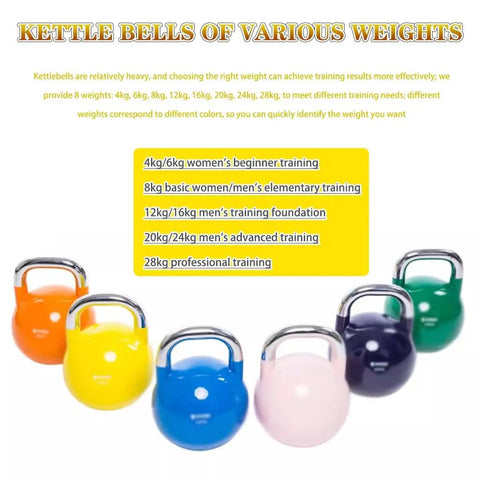 Various colored kettlebells lined up, highlighting the 16Kg Yellow Competitive Kettlebell For Women And All Levels, Beast Mode Strength Training Gear, Core Shaping And Full Body Workouts, Swing And Lift, Electroplated Steel, Durable Home Gym Equipment with ergonomic handle and flat base.