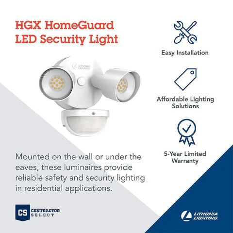 HomeGuard 2 Light LED Outdoor Flood Lights With Motion Sensor And Dusk To Dawn For Easy Install shown with features