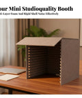Kickass Desktop Acoustic Soundproof Booth With Thick Foam And Felt Panels For Vocal Recording Podcasts Streams Home Studio Kill Echo Foldable Mic Enclosure on a wooden desk
