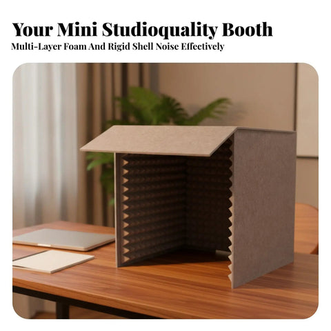 Kickass Desktop Acoustic Soundproof Booth With Thick Foam And Felt Panels For Vocal Recording Podcasts Streams Home Studio Kill Echo Foldable Mic Enclosure on a wooden desk