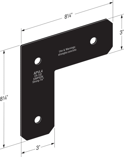 Black Powder Coated L Strap For 4x4 Posts ZMAX Galvanized 12 Gauge Steel Avant Collection Outdoor Accents bracket with dimensions