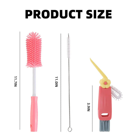 3 Pack Cup And Bottle Cleaning Brush Set With Straw And Lid Cleaners, showing sizes: 11.8in bottle brush, 11.8in straw cleaner, and 3.9in lid brush.