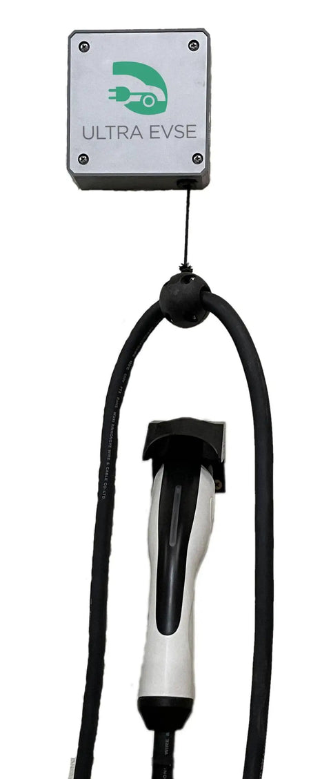 Top Shelf EV Charger Cord Retractor Keeps Your Charge Wire Locked Down And Beat Up Proof No Fuss Garage Setup Heavy Duty Wall Mount Bracket For J1772 Plugs Smooth Glide Action with retractable cord holder.
