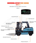 Workhorse Electric Distribution Forklift For Warehouse Operations, Material Handling And Pallet Transport, Battery Powered Lift Truck Designed For Fast Loading And Safe, Smooth Lifting. Side view with LCD display