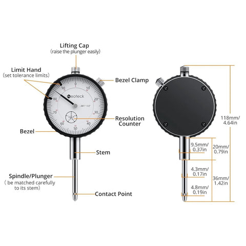 Front view of Neoteck 0-1 inch dial indicator with magnetic base, silver finish.