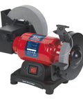 Badass 150MM Bench Grinder With 200MM Wet And Dry Grinding Stone 250W Motor Integrated Water Tray side view showing red motor and grinding wheels.