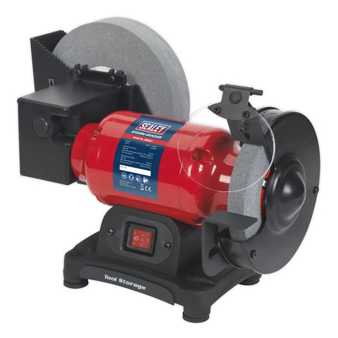 Badass 150MM Bench Grinder With 200MM Wet And Dry Grinding Stone 250W Motor Integrated Water Tray side view showing red motor and grinding wheels.