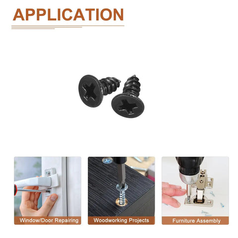 Ridiculously Strong One Hundred Pack Of Number Four By Quarter Inch Black Flathead Wood Screws Tough Self Tapping Fasteners close-up with applications.