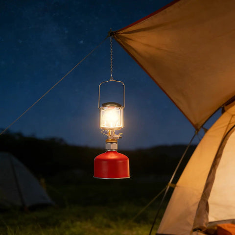 Portable Gas Lantern For Camping And Outdoor Adventures, Copper And Stainless Steel Construction, illuminating under a tent at night