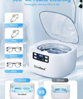 Powerful 45KHz Ultrasonic Jewelry Cleaner with 25oz stainless steel tank, digital display, and 5 cleaning modes for jewelry and glasses.