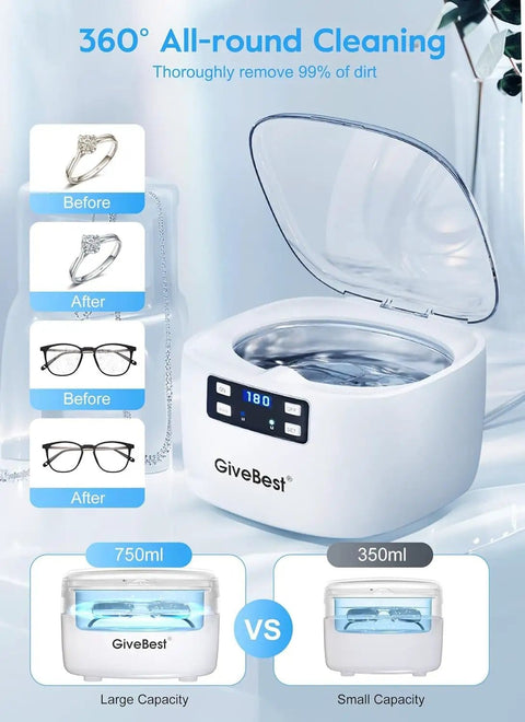 Powerful 45KHz Ultrasonic Jewelry Cleaner with 25oz stainless steel tank, digital display, and 5 cleaning modes for jewelry and glasses.