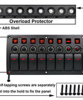 8 Gang Switch Panel 12V 24V Waterproof On Off Rocker LED Panel Switch with Breakers for boat marine car, front view