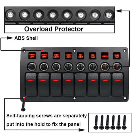 8 Gang Switch Panel 12V 24V Waterproof On Off Rocker LED Panel Switch with Breakers for boat marine car, front view