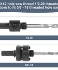 Knockout Hole Saw Arbor Adapter Converts One Half To Five Eighths Thread Fits One Twenty Five Through Six Inch Blades Compatible With Standard Bushing Kits For Plug And Play Setup And Ridiculous Durability - 1/2-20 and 5/8-18 threaded arbors viewed from front.
