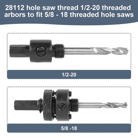 Knockout Hole Saw Arbor Adapter Converts One Half To Five Eighths Thread Fits One Twenty Five Through Six Inch Blades Compatible With Standard Bushing Kits For Plug And Play Setup And Ridiculous Durability - 1/2-20 and 5/8-18 threaded arbors viewed from front.