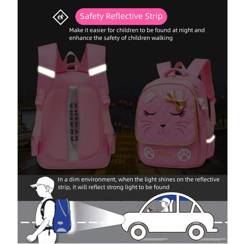 Girls Rolling Backpack Trolley School Bag With Cat Face Bowknot Pink Reflective Strip Cute Luggage For Kids 1st To 3rd Grade