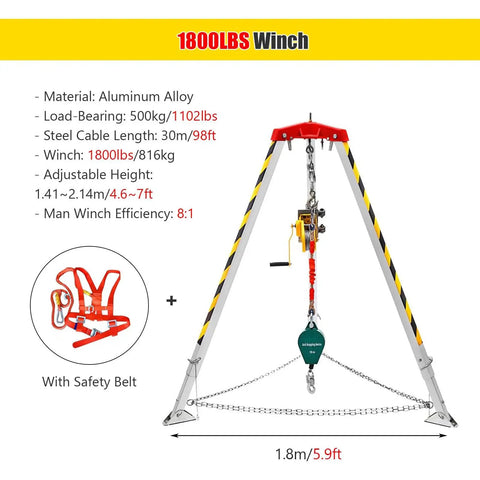 Rock Solid Heavy Duty Confined Space Tripod With 1800 Pound Rescue Winch And Self Locking Fall Arrest System For Tough Industrial Jobsites And Fire Response Teams