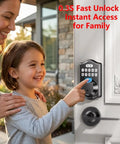 Child using Smart Front Door Deadbolt Lock With Fingerprint Fast Unlock 0.3 Seconds No Fuss 100 Fingerprints 100 Codes Keyless Entry Digital Keypad
