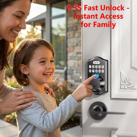 Child using Smart Front Door Deadbolt Lock With Fingerprint Fast Unlock 0.3 Seconds No Fuss 100 Fingerprints 100 Codes Keyless Entry Digital Keypad