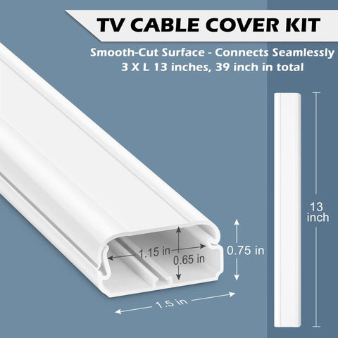 TV Cord Hider 39 Inch Wall Cable Concealer Kit, white plastic, dimensions 1.5 x 0.75 inches, 39 inches total, hides 3-6 cables