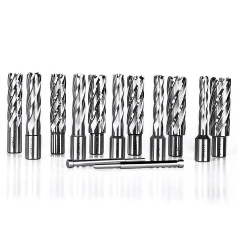 Oscarbide annular cutter set, 13 pieces, 2 in depth, 3/4 in Weldon shank, diameters 7/16–1-1/16 in, with 2 pilot pins