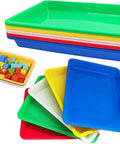 Stack of colorful 10 pack plastic art trays with blocks, BPA free bead and painting organizer, red, blue, green, yellow, white trays.