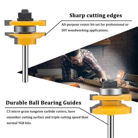 Image of Pro Grade Quarter Inch Shank Groove Tongue Router Bit For Raised Panel Cabinet Doors with sharp cutting edges and ball bearing guides.