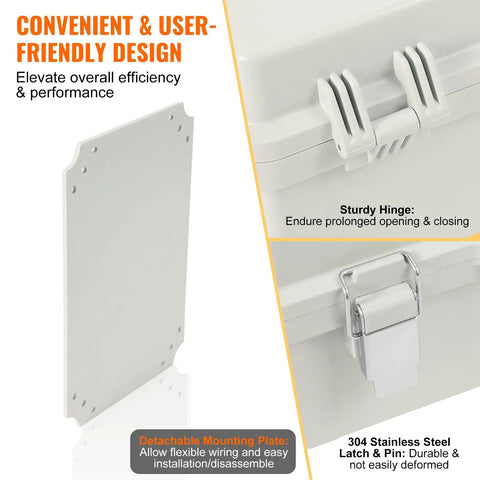 Rugged Weather Resistant Junction Box With Hinged Lid And Stainless Steel Lock ABS Plastic Enclosure IP67 Dust And Waterproof Large 16.93 x 12.99 x 7.09 Inch Interior For Wiring And Electrical Components, hinged lid and mounting plate