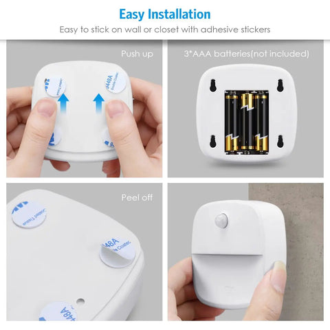 Upgraded Motion Sensor LED Night Light Cordless Stick On Battery Operated For Closet Hallway Bathroom Kitchen Cabinet And Stairway Auto On Auto Off Energy Efficient Warm White Pack Of 3