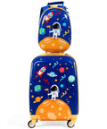 Two Piece Kids Luggage Set With 12 Inch Backpack And 18 Inch Rolling Suitcase In Blue Astronaut Design Lightweight Durable ABS Hardshell Kid Friendly Carry On Travel Gear For Boys And Girls, showing blue bags with astronaut graphics