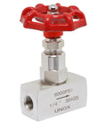 UNOX 304 stainless steel needle valve, front view, 1/4 in NPT, 6000 PSI, red handwheel