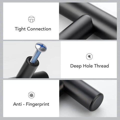 Close-up of Five Pack 10 Inch Matte Black Cabinet Handles For Kitchen Cabinets And Dresser Drawers, Stainless Steel Pulls With Anti-Stain Finish showing tight connection and deep hole thread.