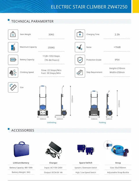 Xsto Electric Stair Climbing Hand Truck Heavy Duty Folding Dolly Cart 550 Lb Capacity technical specifications sheet.