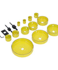 16 Piece Hole Saw Kit With High Speed Steel Cutting Tools Made For Electricians And Workshop Pros Who Wanna Cut Cleanly Through Wood And Metal Without Breaking A Sweat Or Spending All Day On The Job, yellow HSS hole saw set