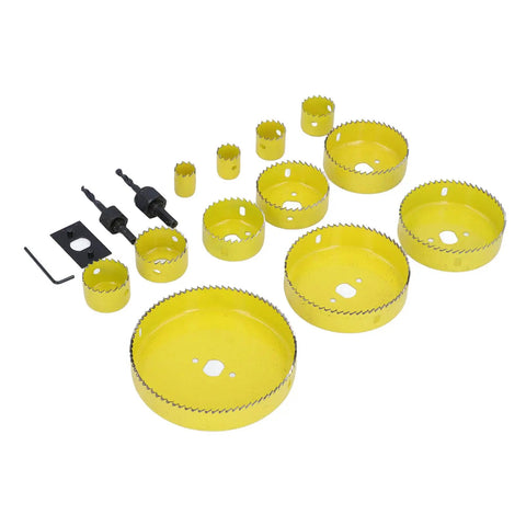 16 Piece Hole Saw Kit With High Speed Steel Cutting Tools Made For Electricians And Workshop Pros Who Wanna Cut Cleanly Through Wood And Metal Without Breaking A Sweat Or Spending All Day On The Job, yellow HSS hole saw set