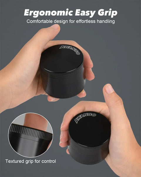 Hands holding a 2 Inch Spice Grinder For Kitchen Spices Screen Free 3 Piece 4 Part Zinc Alloy Black Portable Grinder With Sharp Teeth